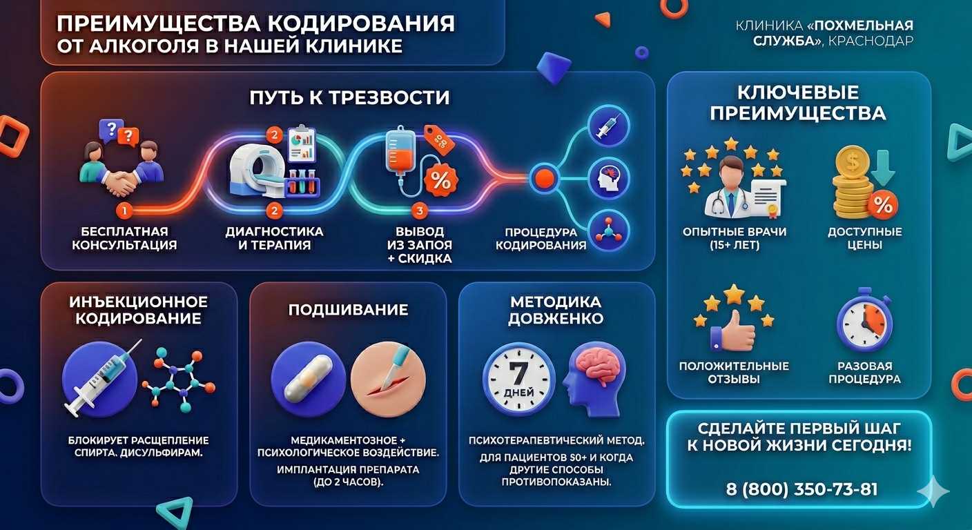 Инфографика о методах кодирования от алкоголя в Вешенской: инъекции, подшивание, метод Довженко. Преимущества клиники и этапы лечения.